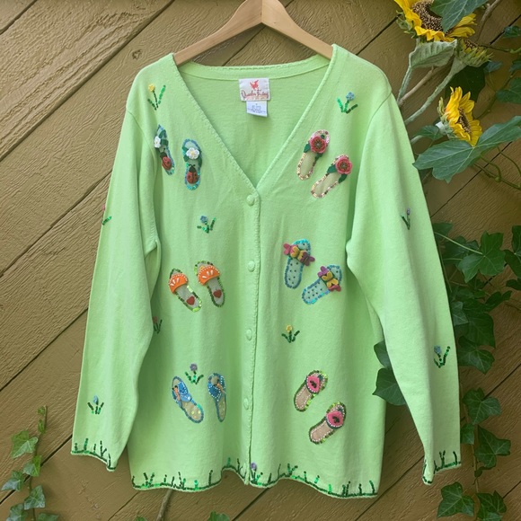 Vintage Quaker Factory long Cardigan 1X green sequence flower butterfly eclectic - Picture 2 of 16